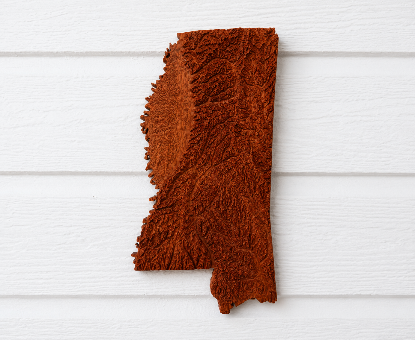 Detailed hand-carved Mississippi topographic relief map
