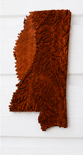 Front view of a carved wooden Mississippi relief map