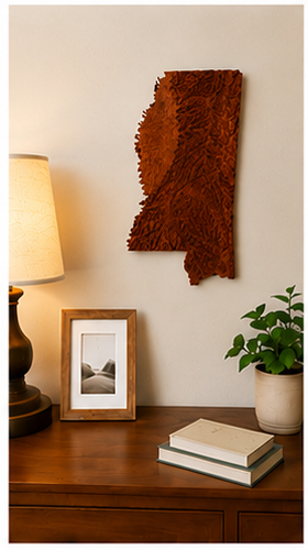 Hand-carved Mississippi topographic map displayed in a warm home